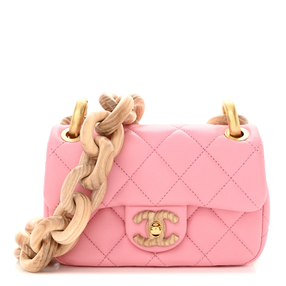 Chanel Pink Quilted Lambskin Leather Mini Wenge Wood Square Aged Gold Hardware Front replica handbag