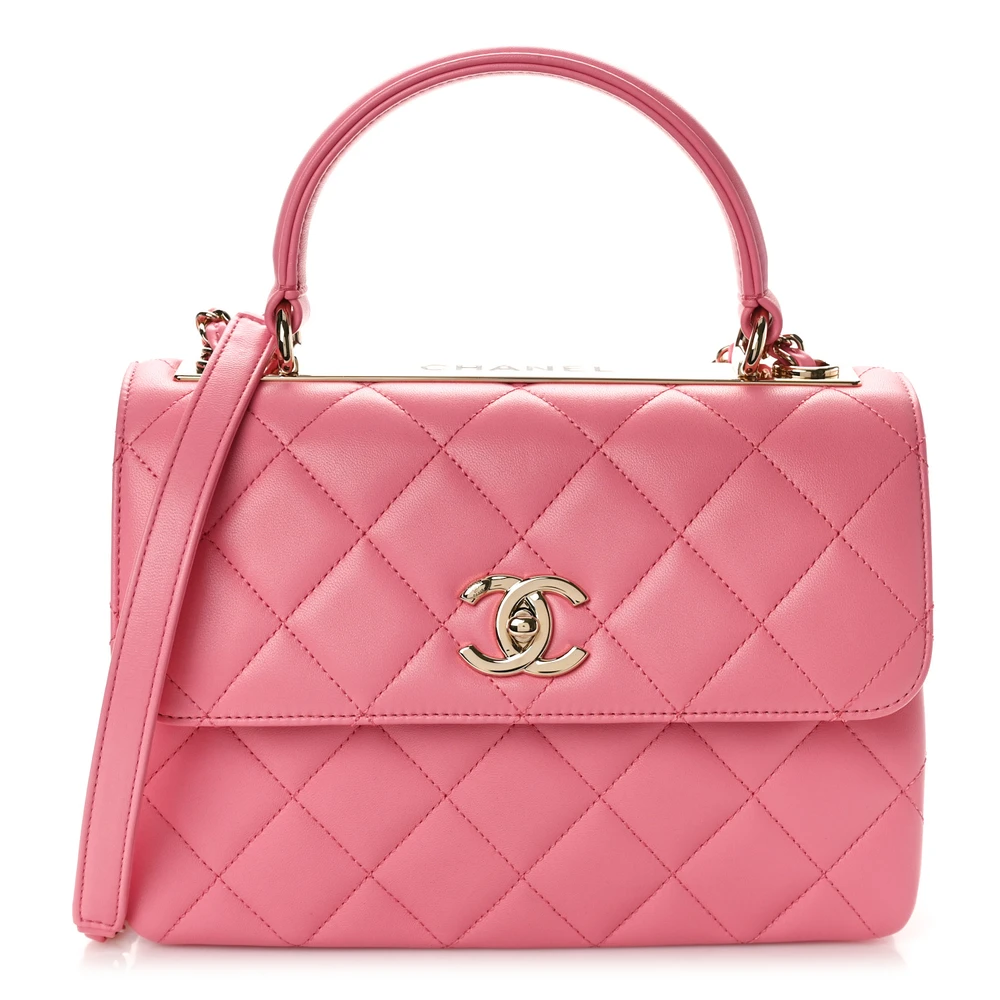 Chanel Pink Quilted Lambskin Leather Small Trendy CC Flap Dual Handle Light Gold Hardware Front replica handbag