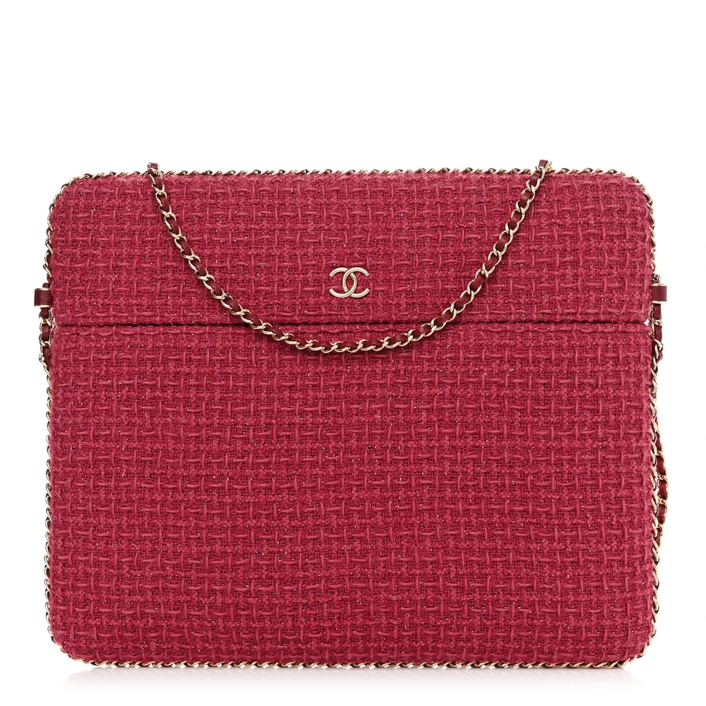 Chanel Pink Tweed Medium Chain Around Tablet Holder Crossbody Bag Light Gold Hardware Front replica handbags