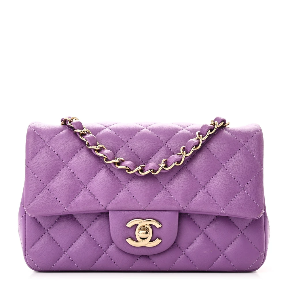 Chanel Purple Quilted Lambskin Leather Mini Rectangular Flap Light Gold Hardware Front replica handbags