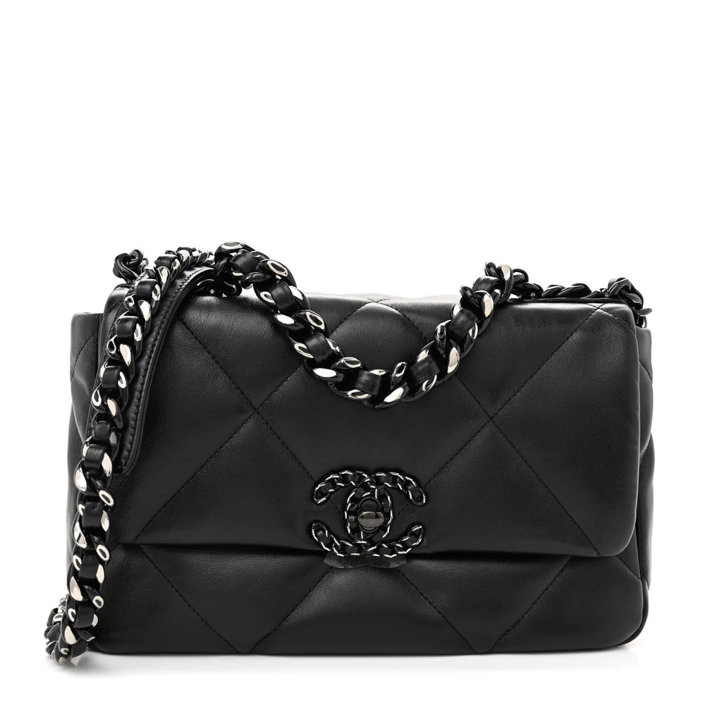 Chanel So Black Quilted Lambskin Leather Medium Chanel 19 Flap Silver Hardware Front replica handbag
