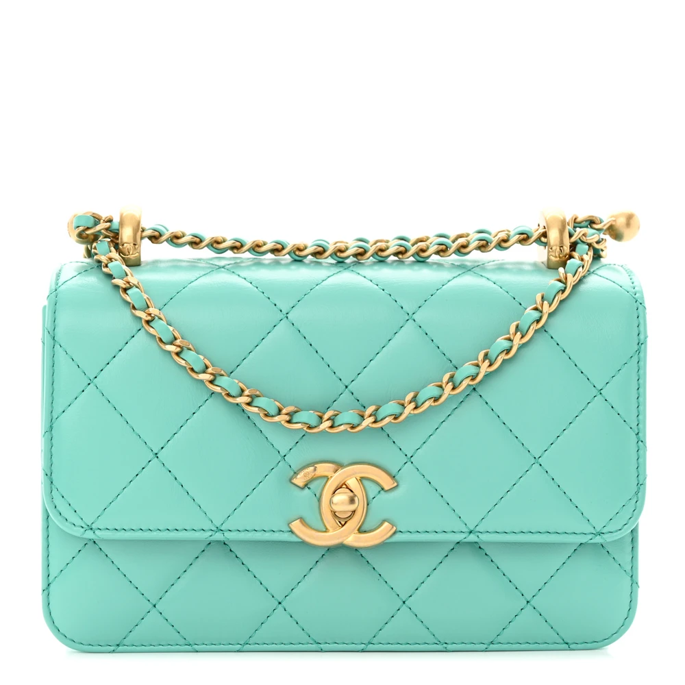 Chanel Turquoise Quilted Calfskin Leather Mini Perfect Fit Flap Gold Hardware Front replica handbag