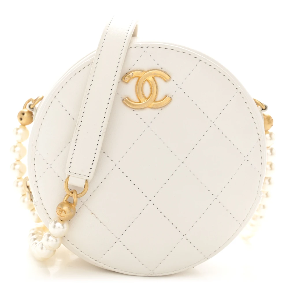 Chanel White Quilted Calfskin Leather Mini Pearl Round Clutch With Chain Gold Hardware Front replica handbag
