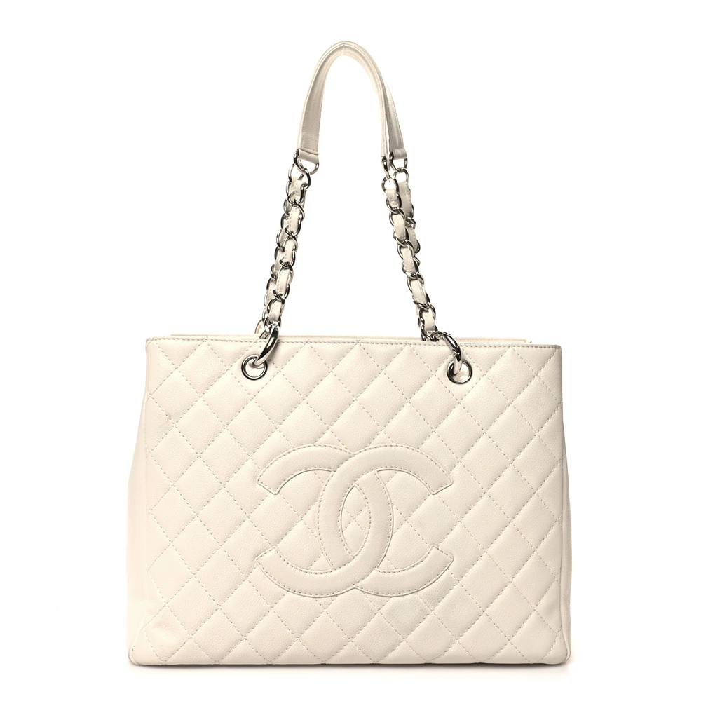 Chanel White Quilted Caviar Leather Large Grand Shopping Tote (GST) Silver Hardware Front replica handbags