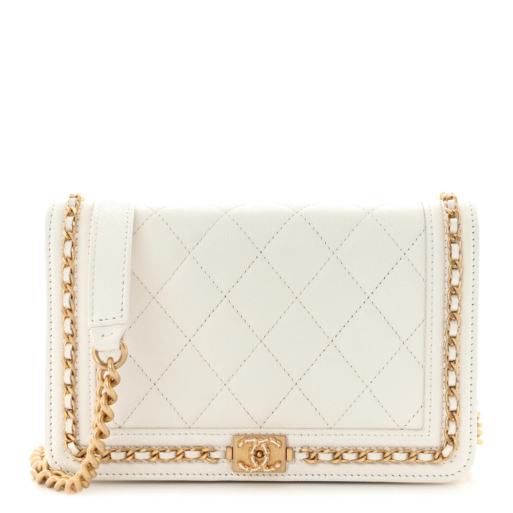 Chanel White Quilted Caviar Leather Small Chain Around Boy Wallet On Chain (WOC) Silver Hardware Front replica handbag