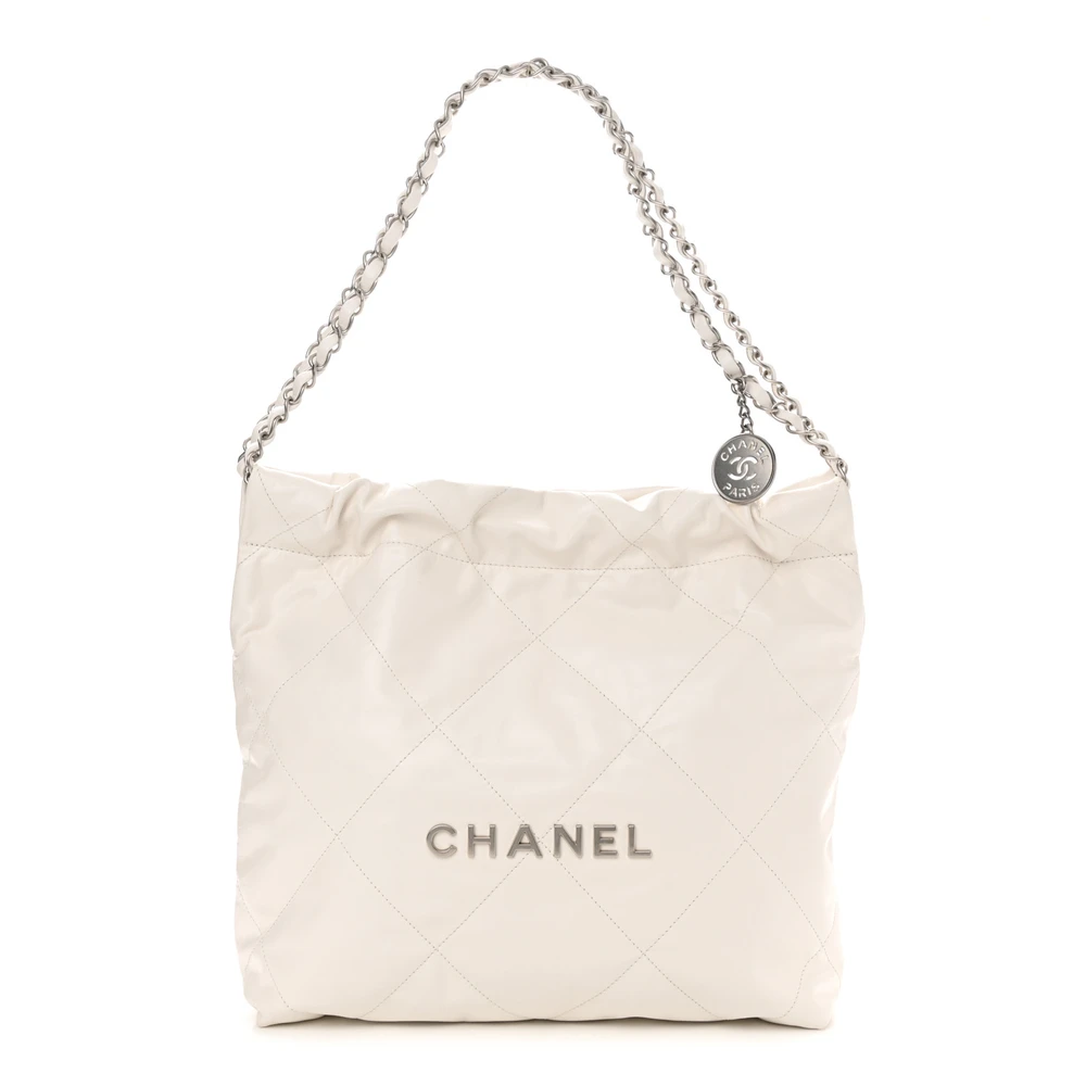 Chanel White Quilted Shiny Calfskin Leather Small Chanel 22 Silver Hardware Front replica handbag