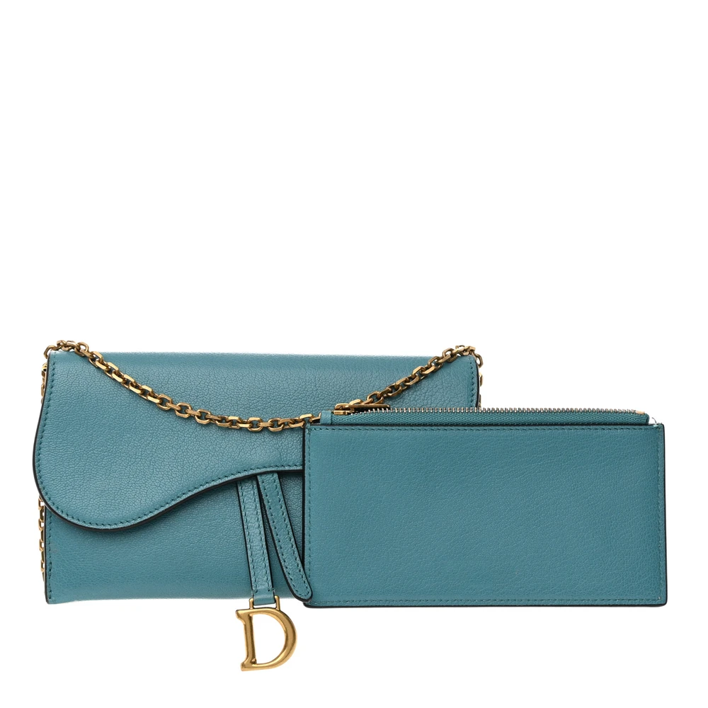 Dior Azure Blue Goatskin Leather Small Saddle Long Wallet with Chain Antique Gold Hardware Front Replica handbags
