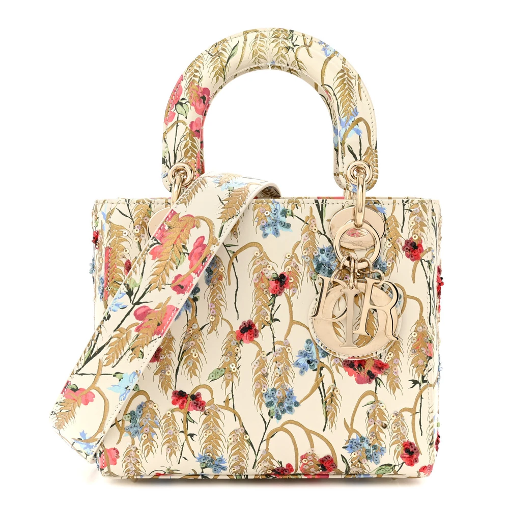 Dior Beige Multicolor Hibiscus Printed Embroidered Calfskin Leather Small My ABCDior Lady Dior Gold Hardware Front Replica handbags