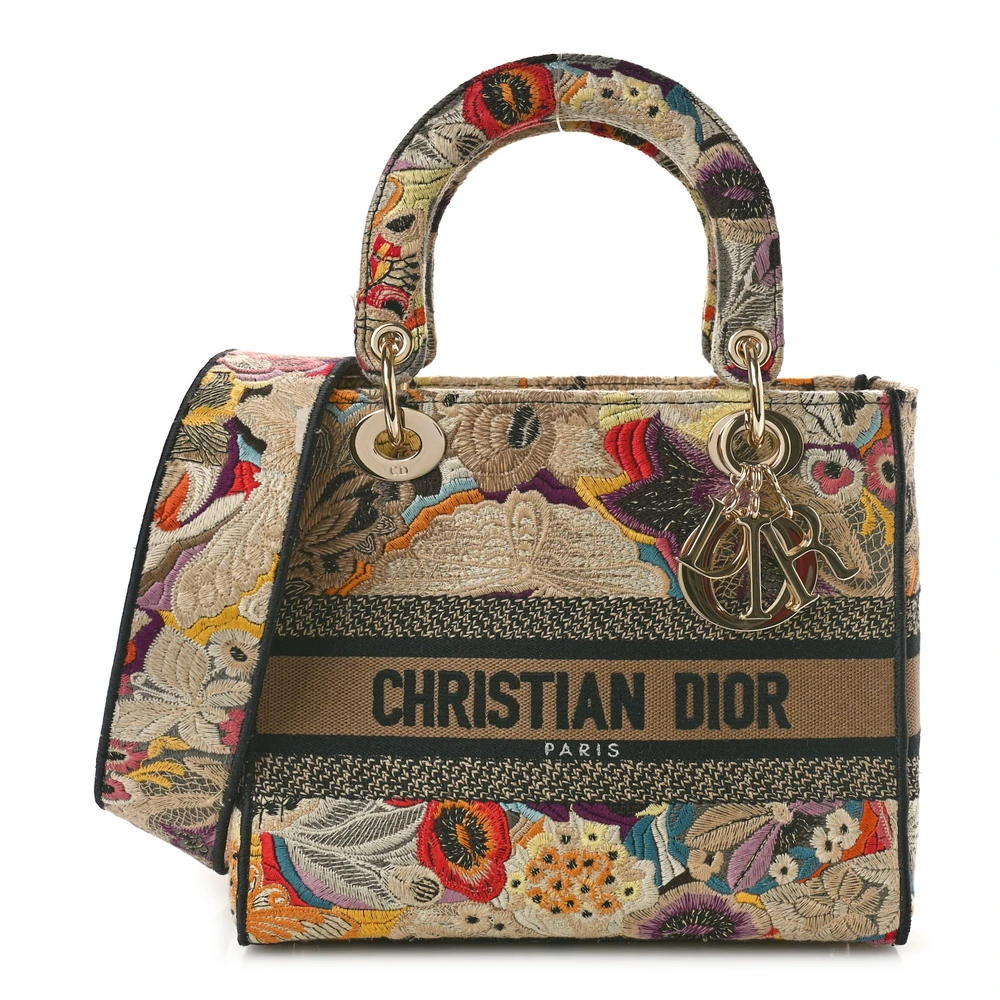 Dior Beige_Black_Multicolor Floral Embroidered Canvas Medium Lady D-Lite Gold Hardware Replica handbags