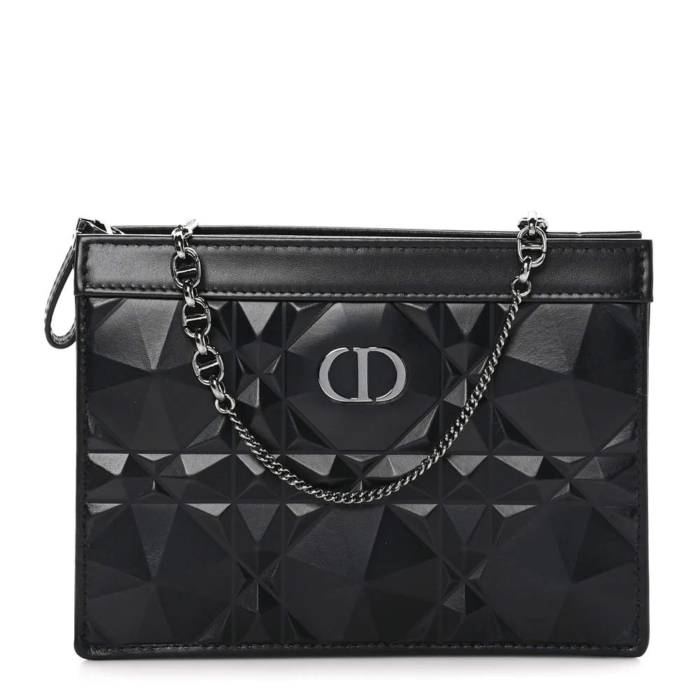 Dior Black Diamond Macrocannage Calfskin Leather Small Caro Zipped Pouch With Chain Silver Hardware Front Replica handbags