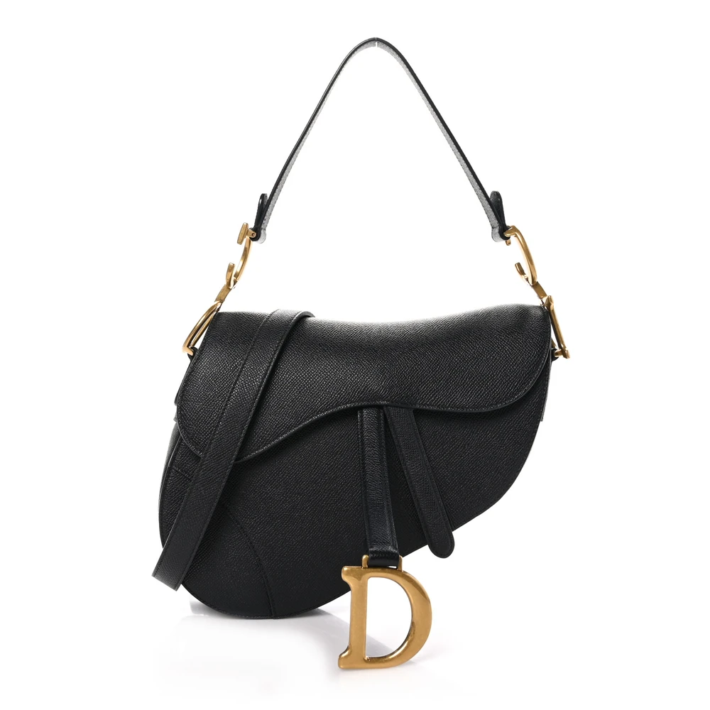 Dior Black Grained Calfskin Leather Medium Saddle Bag Gold Hardware Front Replica handbags