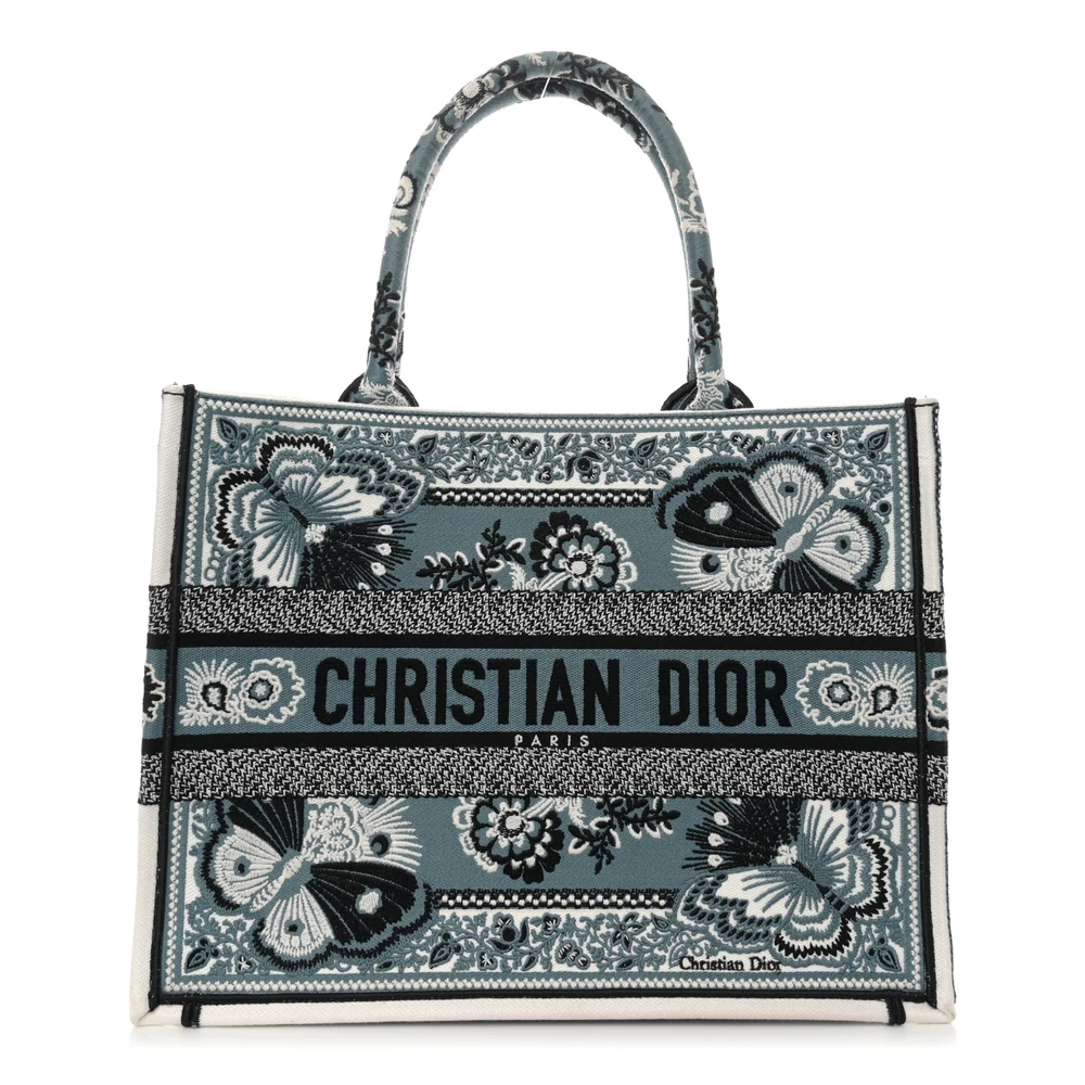 Dior Black_White Embroidered Canvas Medium Butterfly Bandana Book Tote Front Replica handbags