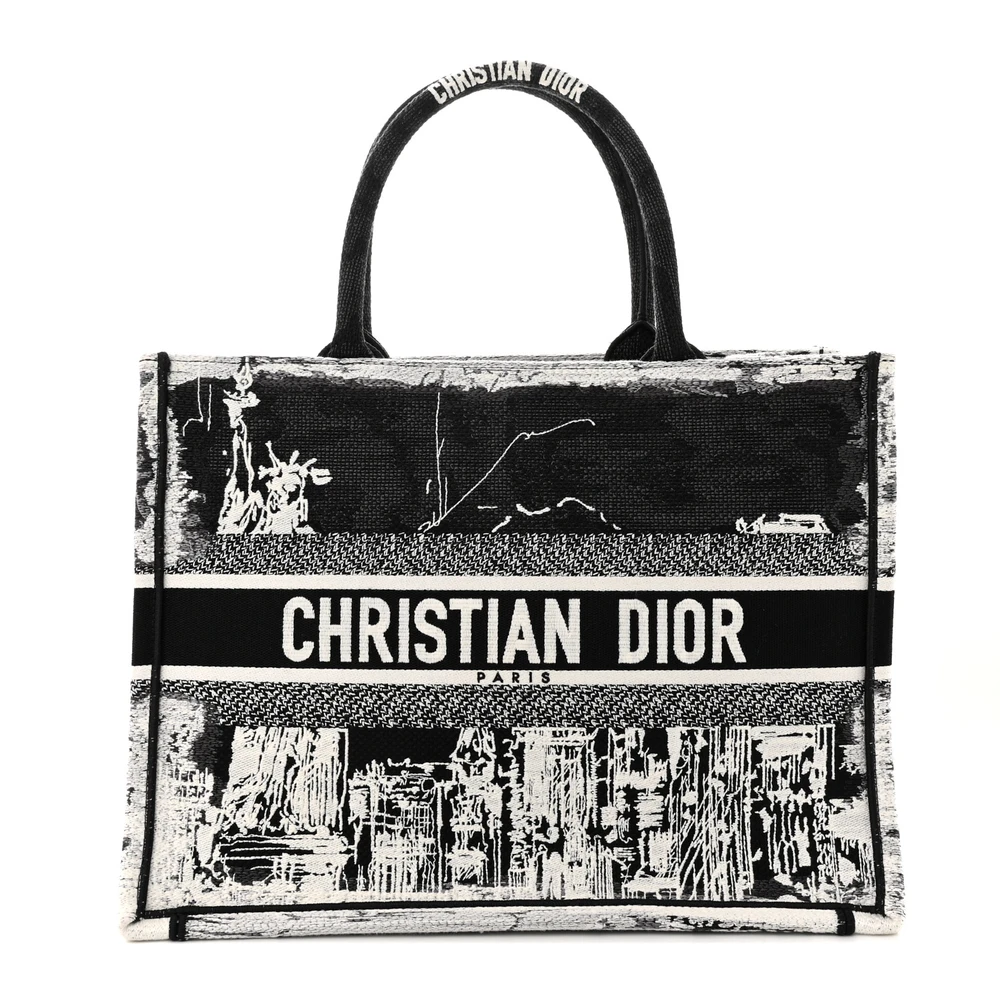 Dior Black_White Embroidered Canvas Medium New York Book Tote Front Replica handbags