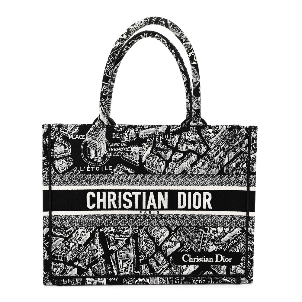 Dior Black_White Embroidered Canvas Medium Plan De Paris Book Tote Front Replica handbags