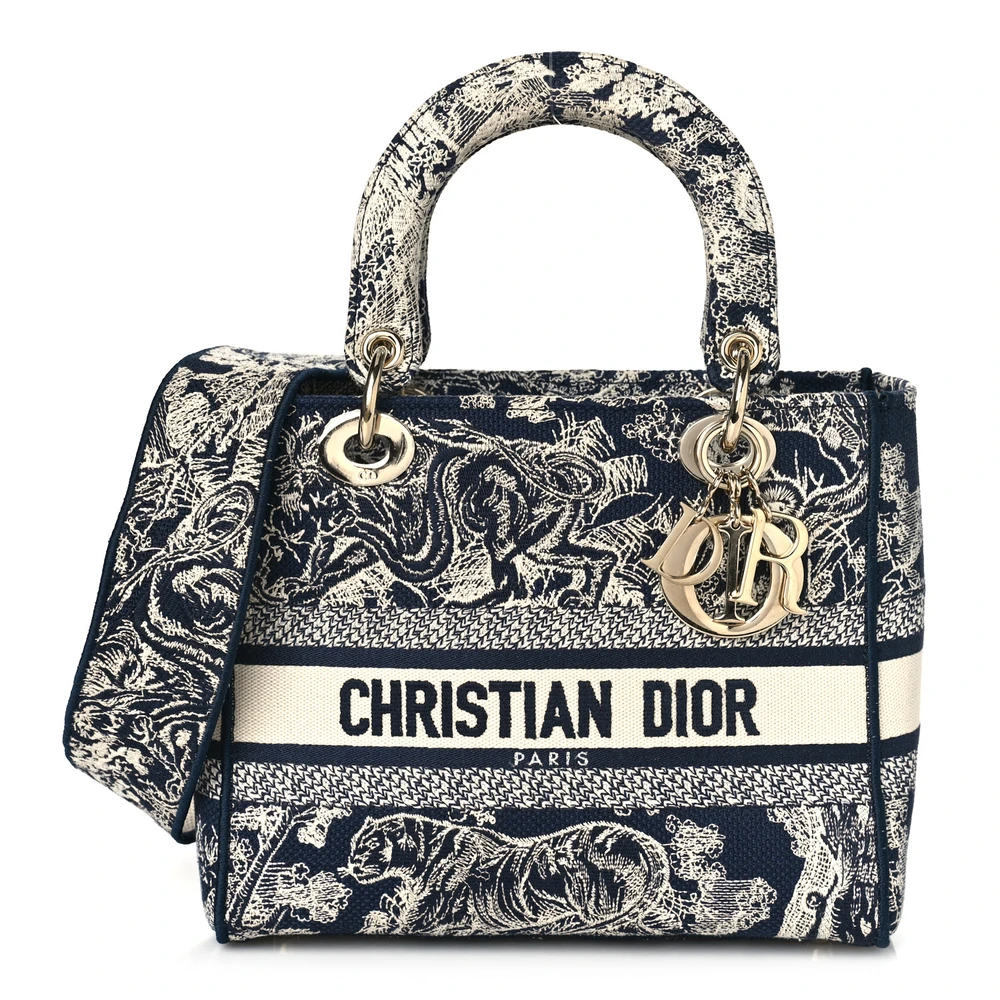 Dior Blue Embroidered Canvas Medium Toile De Jouy Lady D-Lite Gold Hardware Front Replica handbags