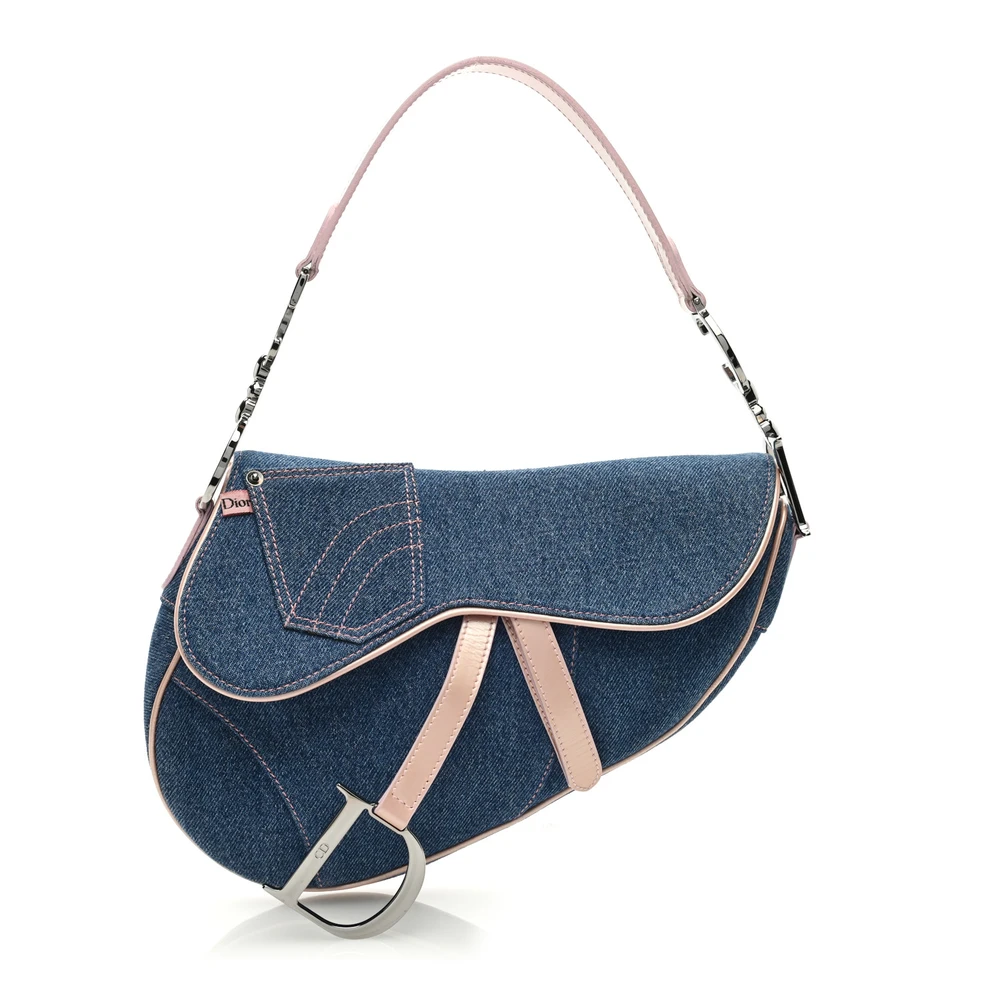 Dior Blue_Pink Patent Denim Jeans Medium Saddle Bag Silver Hardware Front Replica handbags