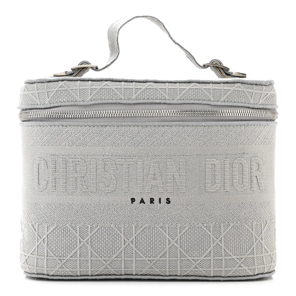 Dior Grey Cannage Embroidered Canvas Small DiorTravel Vanity Case Silver Hardware Front Replica handbags