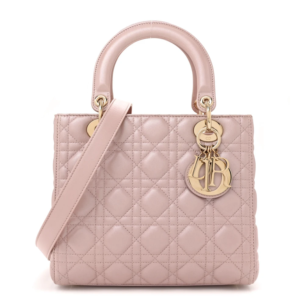 Dior Lotus Pearly Cannage Lambskin Leather Medium Lady Dior Light Gold Hardware Front Replica handbags