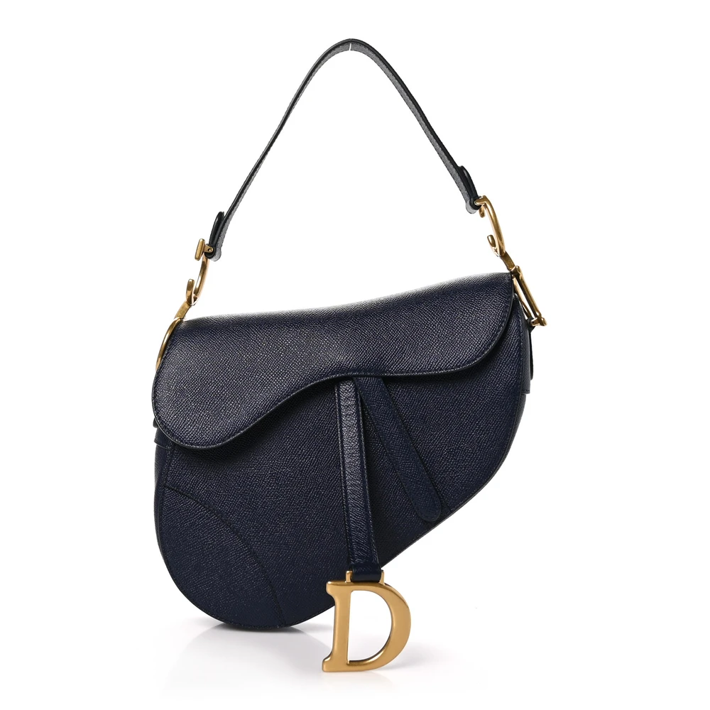 Dior Navy Blue Grained Calfskin Leather Medium Saddle Bag Gold Hardware Front Replica handbags
