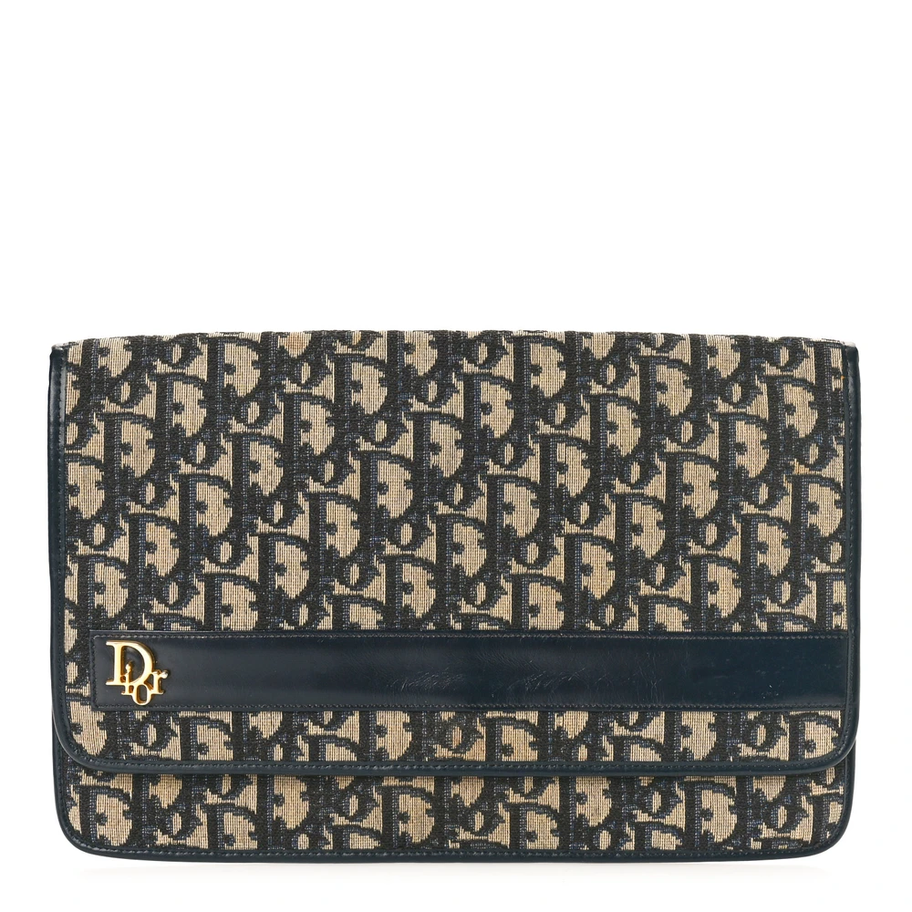 Dior Navy Blue Monogram Canvas Medium Flap Clutch Gold Hardware Front Replica handbags