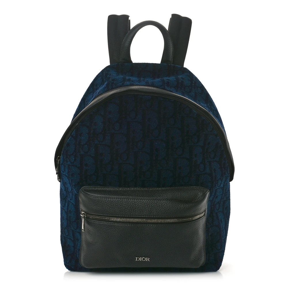 Dior Navy Blue Oblique Velvet & Calfskin Leather Large Backpack Silver Hardware Front Replica handbags