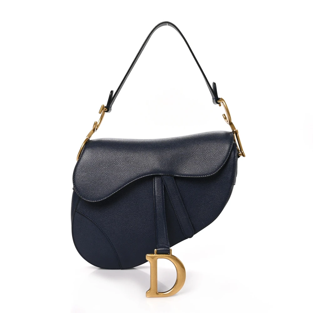 Dior Navy Grained Calfskin Leather Medium Saddle Bag Brass Hardware Front Replica handbags
