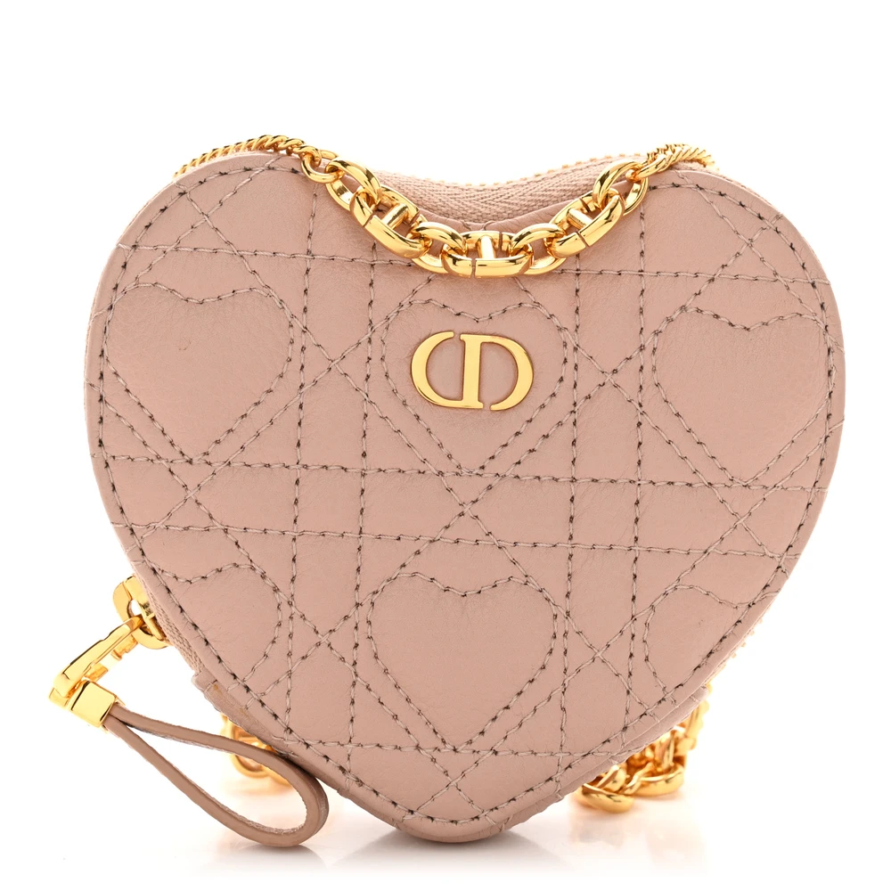 Dior Rose Des Vents Cannage Calfskin Leather Mini Dioramour Caro Heart Pouch With Chain Gold Hardware Front Replica handbags