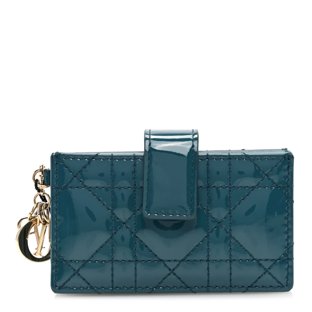 Dior Turquoise Patent Cannage Calfskin Leather Small Lady Dior 5-Gusset Card Holder Gold Hardware Front Replica handbags