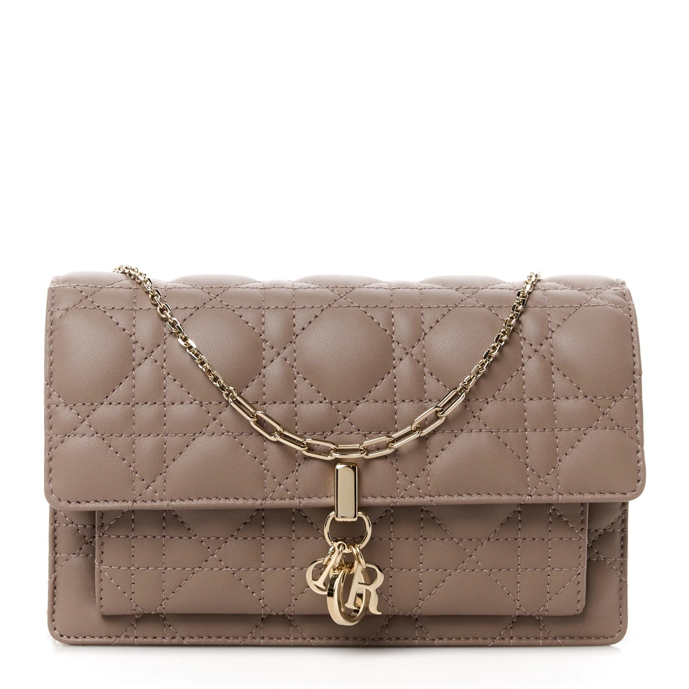 Dior Warm Taupe Cannage Lambskin Leather Medium Lady Dior Chain Pouch Gold Hardware Front Replica handbags