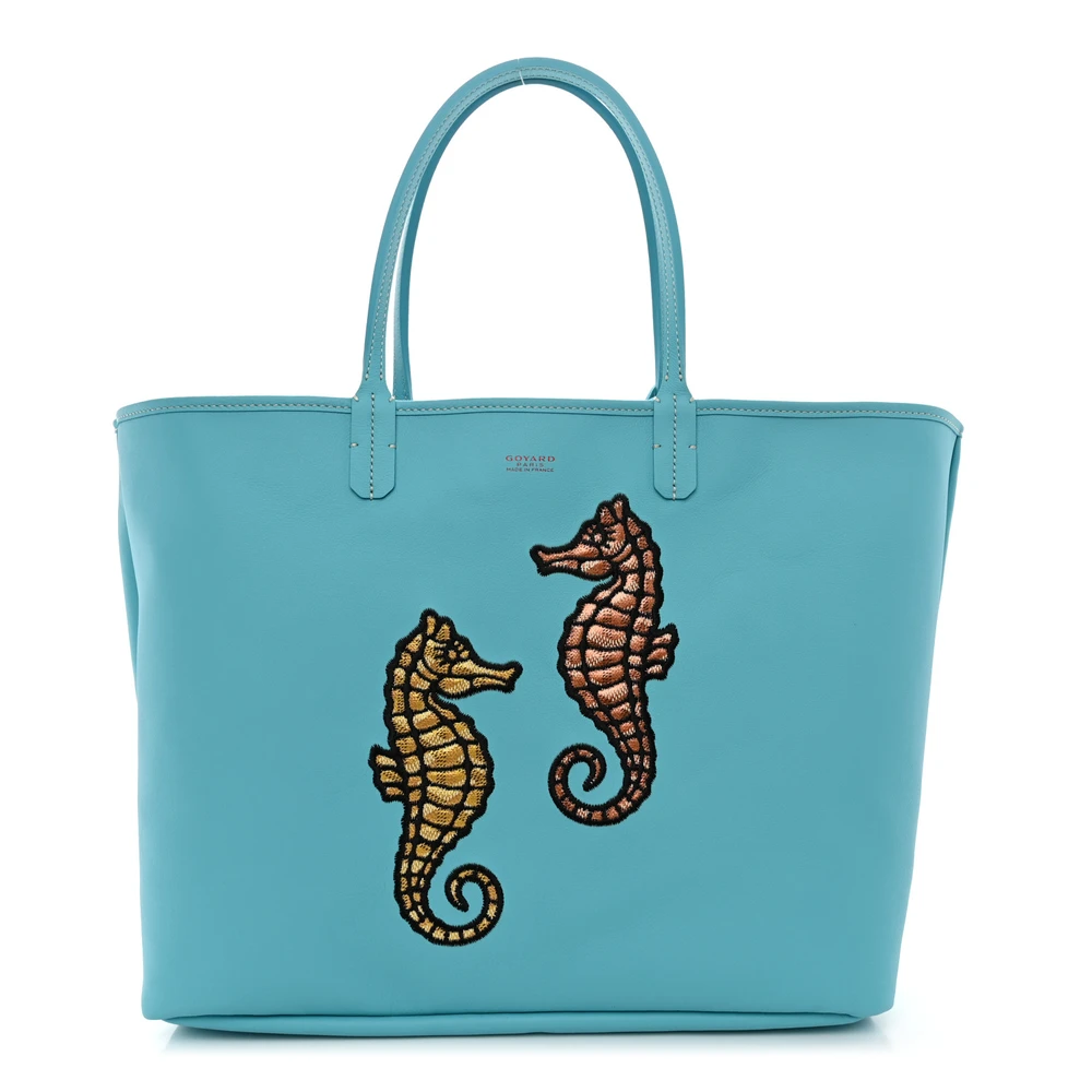 Goyard Turquoise Goyardine Canvas Embroidered Seahorse Reversible Anjou Tote PM Front replica handbags