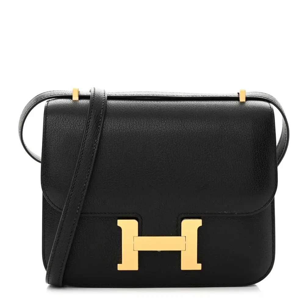 Hermès Black Chèvre Mysore Leather Constance 18 Rose Gold Hardware Front replica handbag