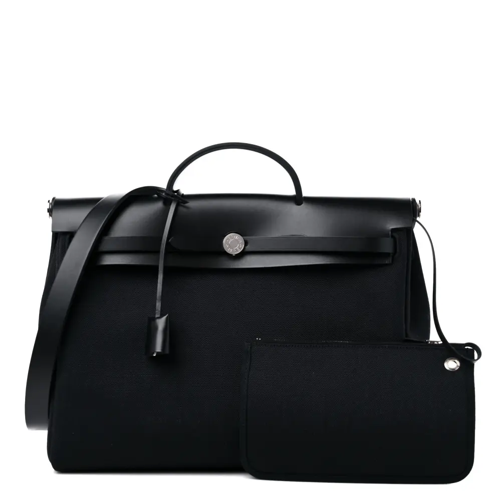 Hermès Black Military Toile & Vache Hunter Leather Herbag Messenger 39 Palladium Silver Hardware Front replica handbag