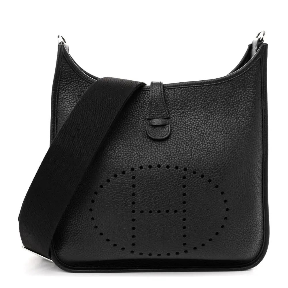 Hermès Black Taurillon Clemence Leather Evelyne III PM Palladium Silver Hardware Front replica handbag