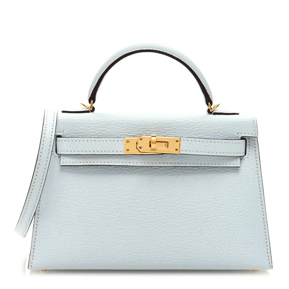 Hermès Bleu Brume Chèvre Mysore Leather Mini Kelly Sellier 20 Permabrass Hardware Front replica handbag