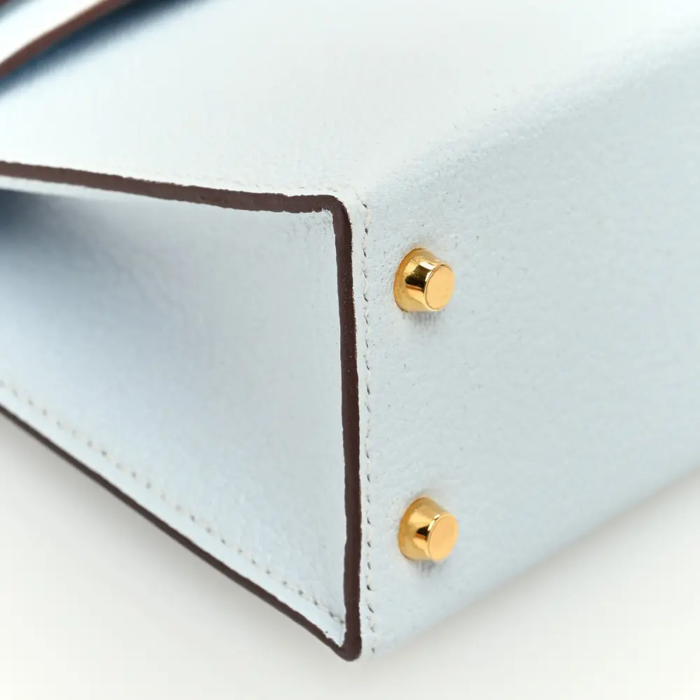 Hermès Bleu Brume Chèvre Mysore Leather Mini Kelly Sellier 20 Permabrass Hardware Luxury Reps - Image 4