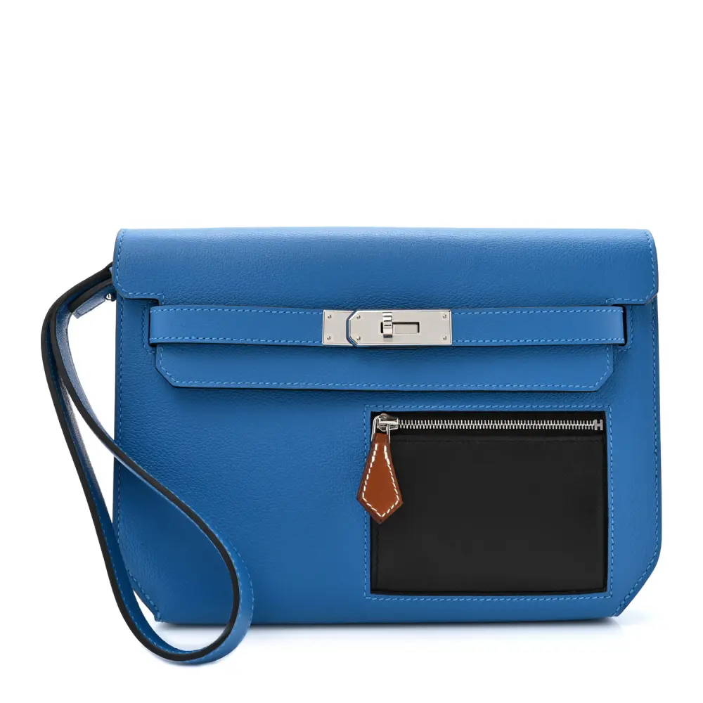 Hermès Blue Hydra Black Fauve Evercolor Evergran Barenia Leather Kelly Dépêches 25 Pouch Palladium Hardware Front replica handbag