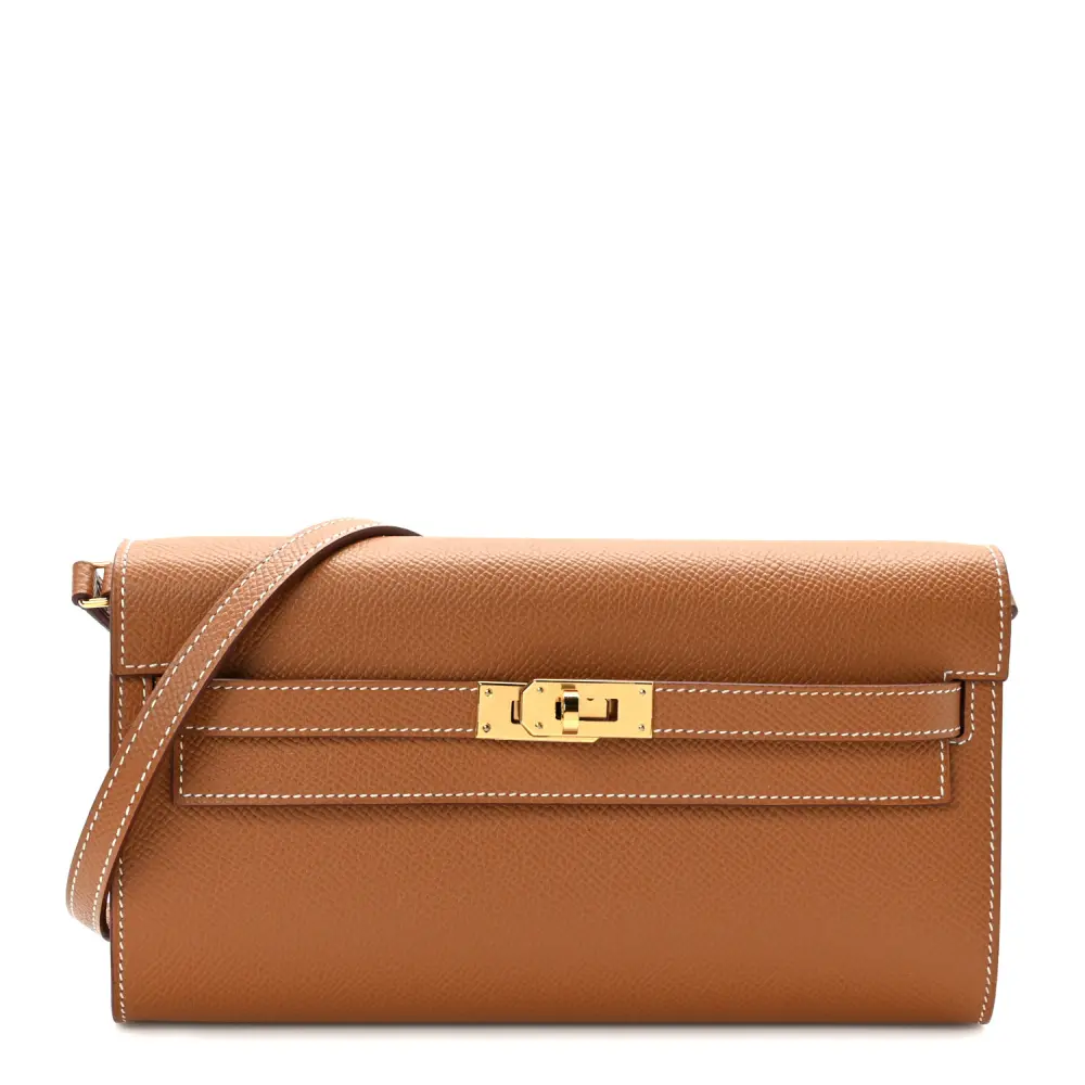 Hermès Brown Epsom Leather Kelly Long Wallet To Go Gold Hardware Front
