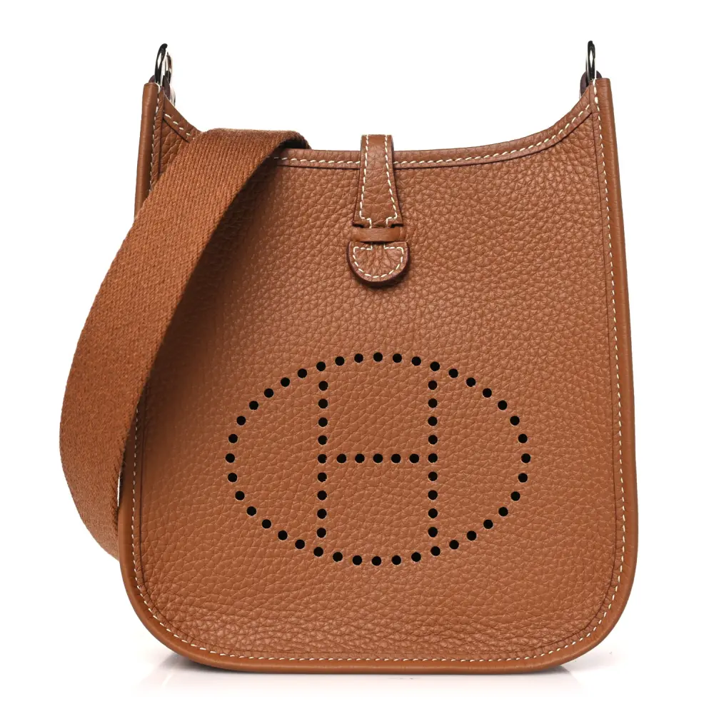 Hermès Brown Taurillon Clemence Leather Evelyne TPM Gold Hardware Front replica handbag
