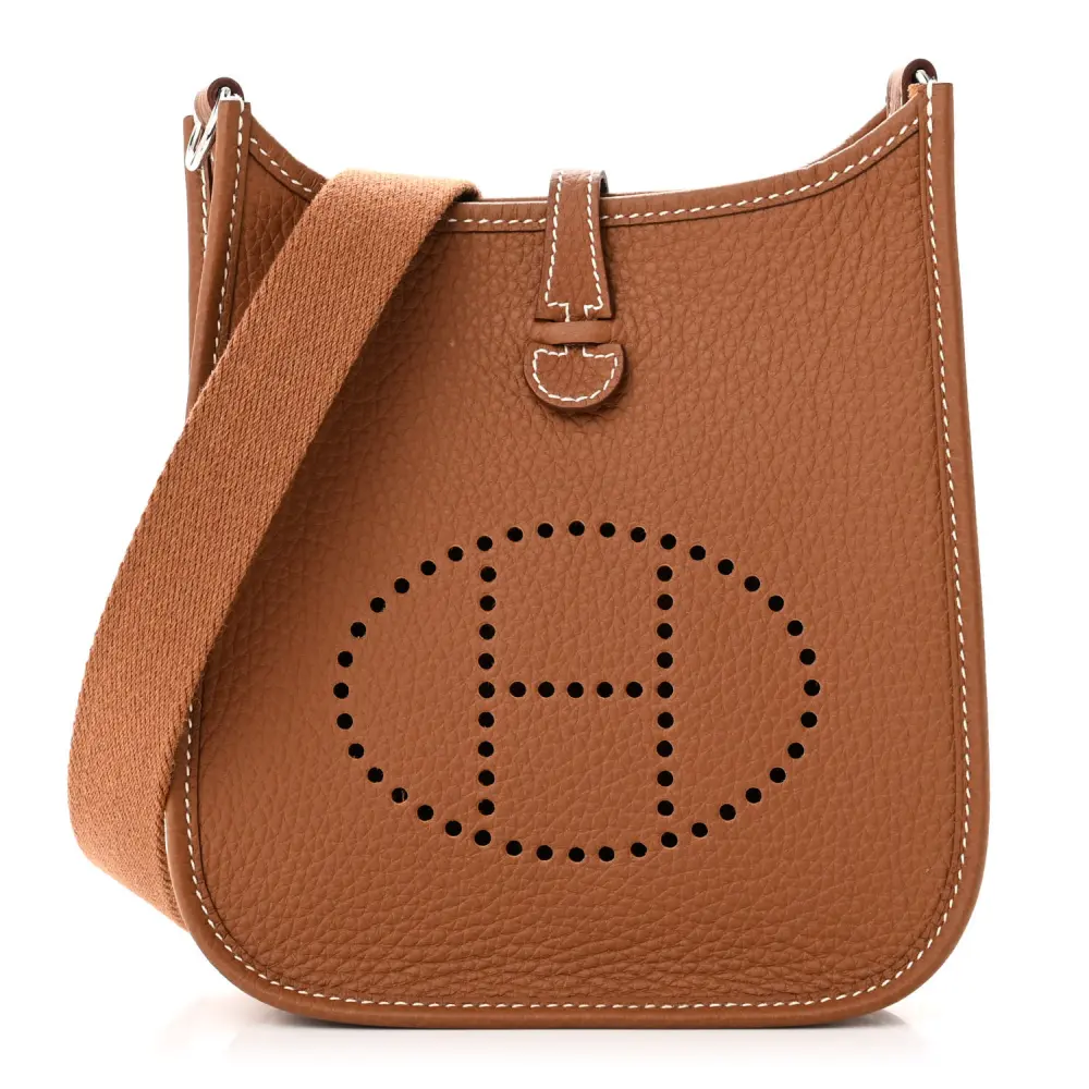 Hermès Brown Taurillon Clemence Leather Evelyne TPM Palladium Hardware Front replica handbag