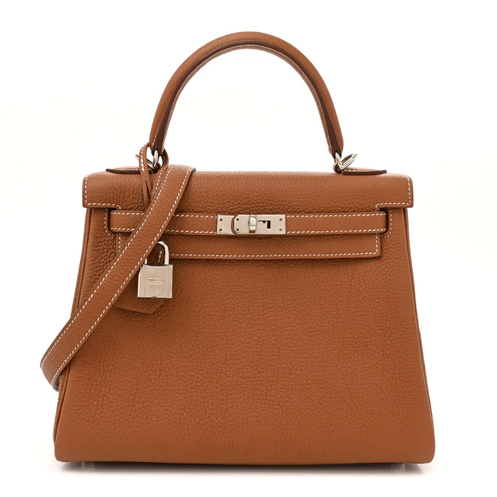 Hermès Brown Togo Leather Kelly Retourne 25 Palladium Hardware Front replica handbag