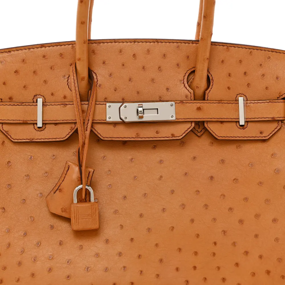 Hermès Cognac Ostrich Leather Birkin 30 Palladium Hardware Replicas - Image 9