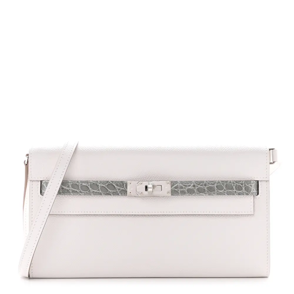 Hermès Gris Pâle Gris Ciment Epsom & Shiny Alligator Leather Touch Kelly Wallet To Go Palladium Hardware Front replica handbag
