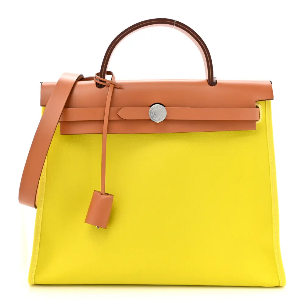 Hermès Lime Toile & Vache Hunter Leather H Berline Herbag Zip 31 PM Palladium Silver Hardware Front replica handbag