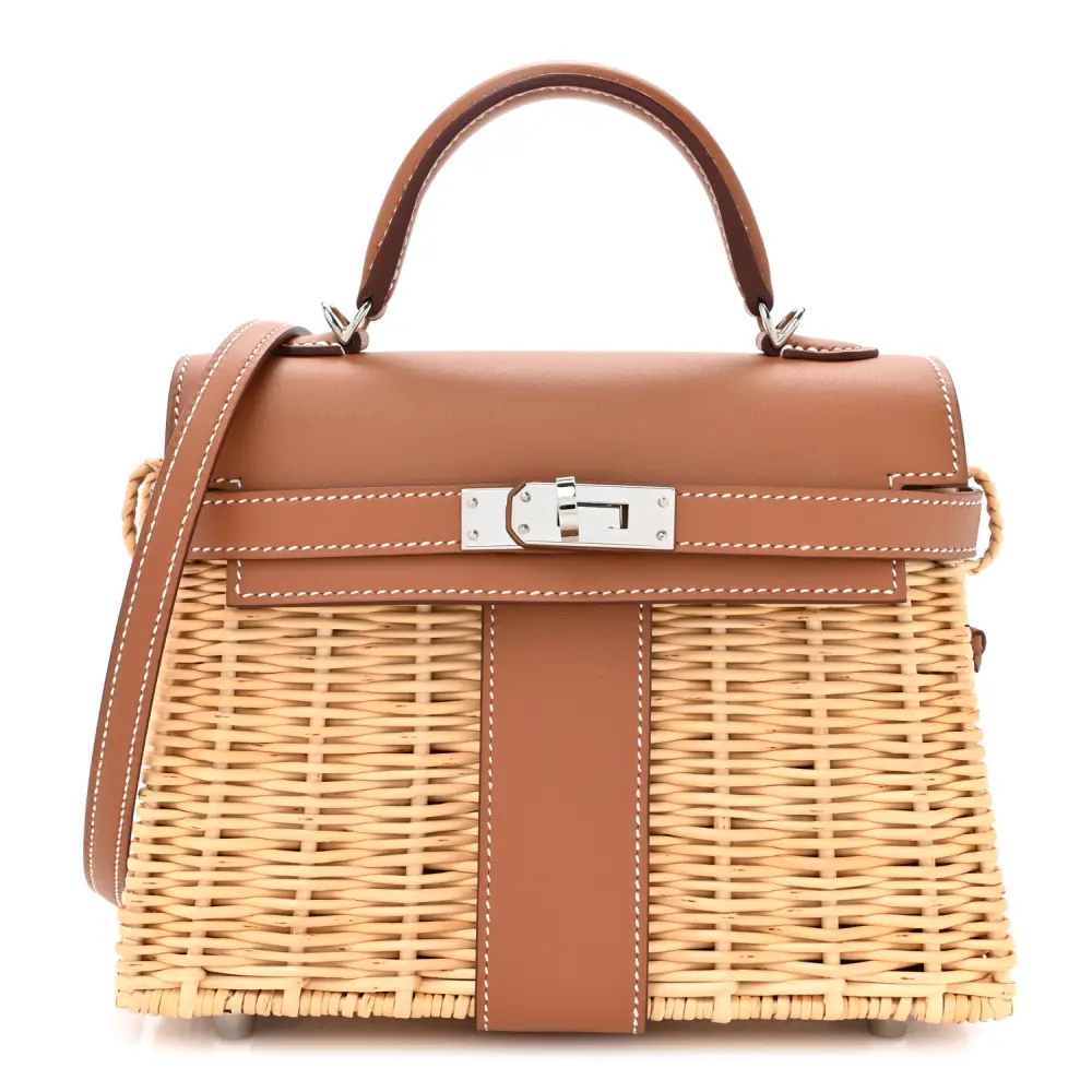 Hermès NaturelGold Wicker & Swift Leather Picnic Mini Kelly 20 Palladium Silver Hardware Front replica handbag