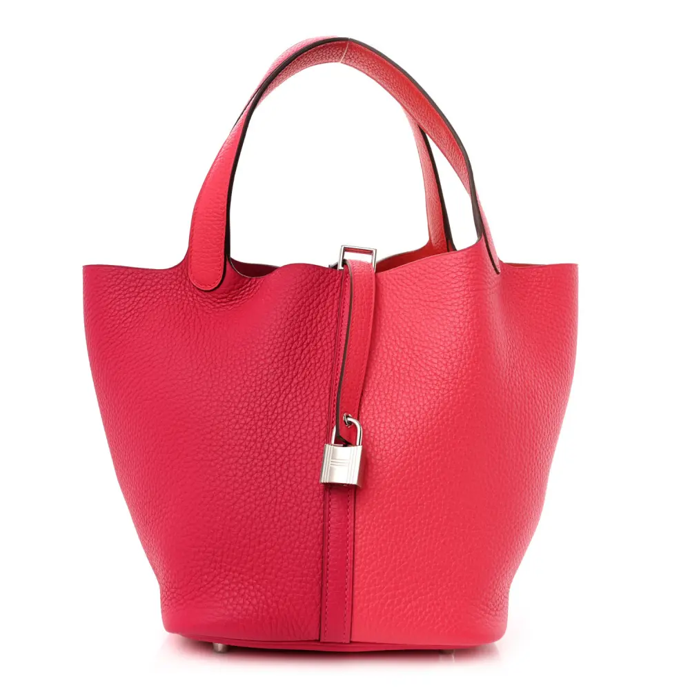 Hermès Rose Extrême Rose Mexico Rouge de Coeur Taurillon Clemence Leather Casaque Picotin Lock 22 MM Palladium Silver Hardware Front replica handbag