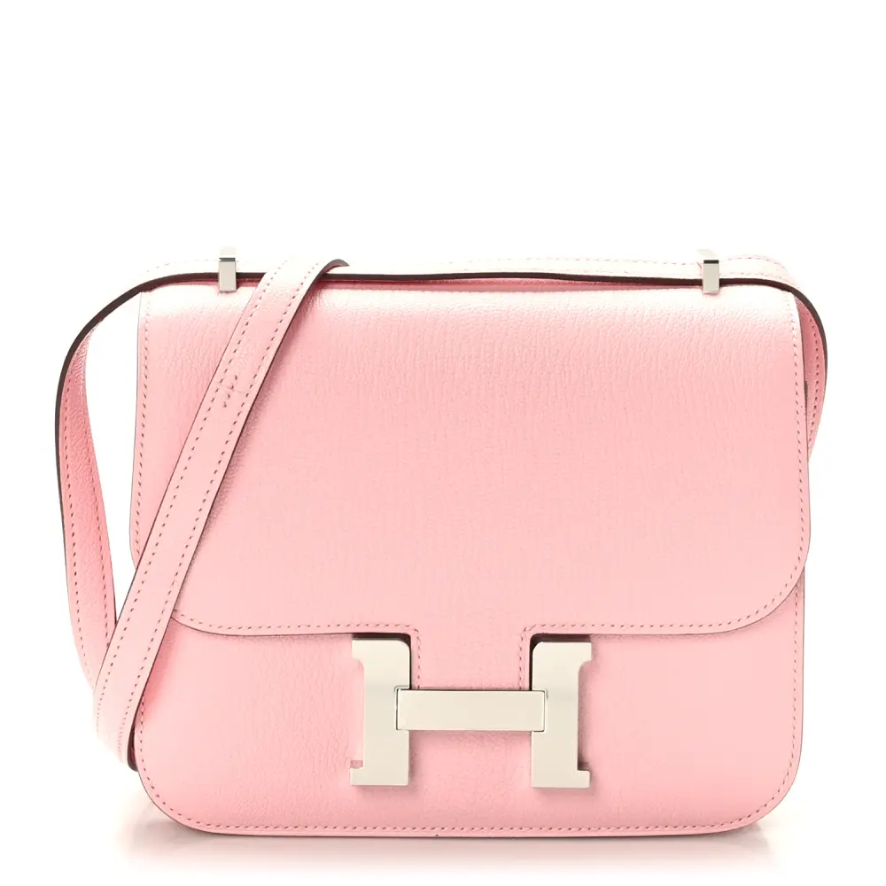 Hermès Rose Sakura Chèvre Mysore Leather Constance 18 Silver Hardware Front replica handbag