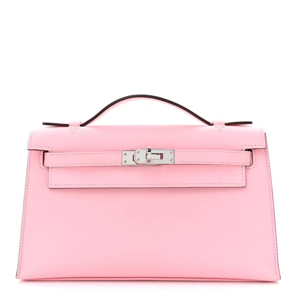 Hermès Rose Sakura Swift Leather Kelly Pochette Clutch Silver Hardware Front replica handbag