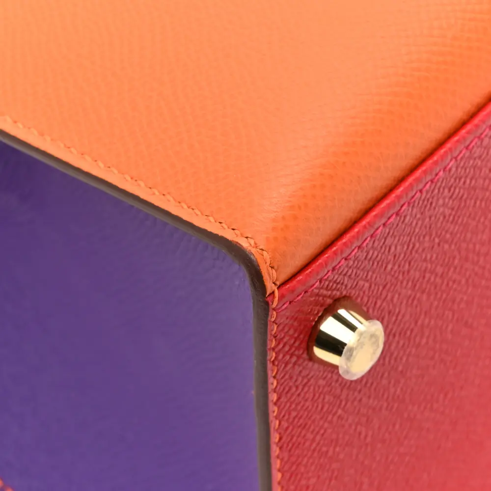 Hermès Tri Color HSS Kelly Sellier 28 Rose Tyreïn / Rouge Casaque / Orange Crocus Epsom Leather Horseshoe Gold Hardware Replica - Image 9