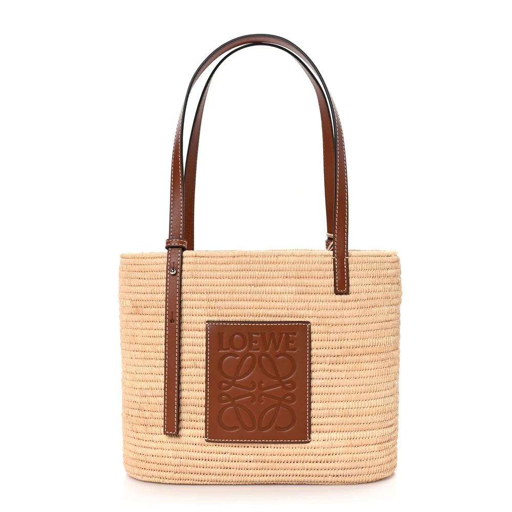 Loewe NaturalPecan Raffia & Calfskin Leather Small Square Basket Tote Bag Front replica handbags