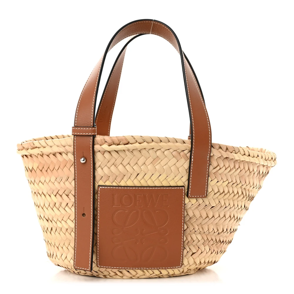 Loewe NaturalTan Raffia & Calfskin Leather Small Basket Tote Bag Front replica handbags